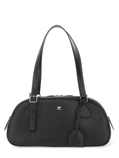 Courrèges Medium Varnished Leather Shoulder Bag In Black