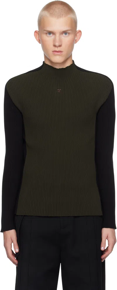 Courrèges Brown & Black Contrast Frame Rib Knit Turtleneck In Mud Brown / Black