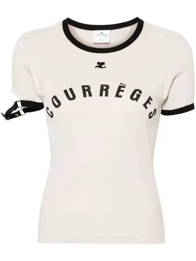 COURRÈGES BUCKLE CONTRAST PRINTED T-SHIRT WOMEN LIME IN COTTON