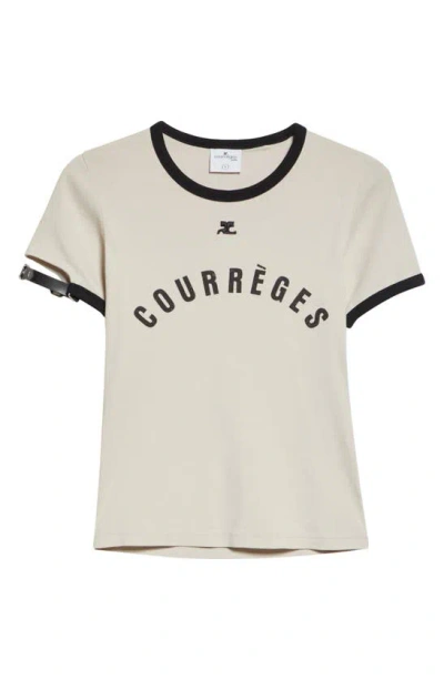 Courrèges Buckle Cuff Cotton Graphic T-shirt In Lime Stone / Black