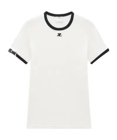 Courrèges Buckle-detail Logo-patch T-shirt In White