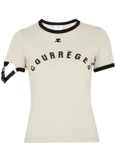 Courrèges Buckle-embellished Logo Cotton T-shirt In White