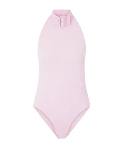 Courrèges Buckled Jersey Mockneck Bodysuit In Pink