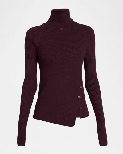 Courrèges Buttoned Cutout Turtleneck Rib Sweater In Brown