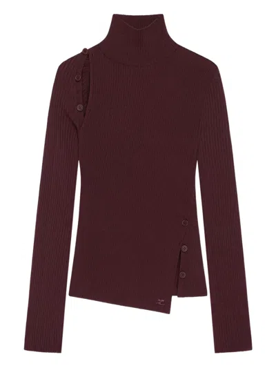 Courrèges Buttoned Ribbed Turtleneck Sweater In Brown