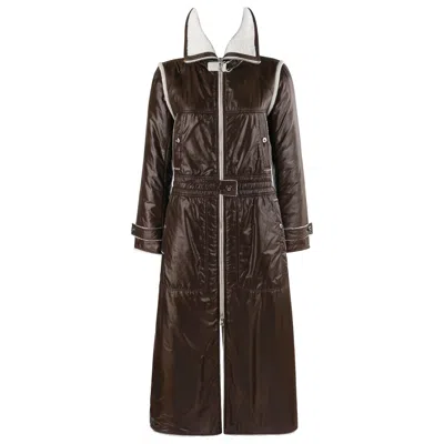 Pre-owned Courrèges Courreges C.1970's Brown White Convertible Collar Full-length Coat Jacket