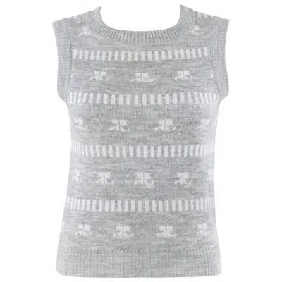 Pre-owned Courrèges Courreges C.1970's Grey & White Logo Signature Print Knit Sweater Vest