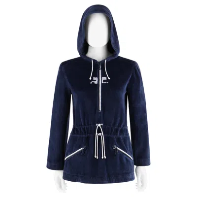 Pre-owned Courrèges Courreges C.1970's Hyperbole Navy Plush Half-zip Sport Hoodie Sweatshirt In Blue