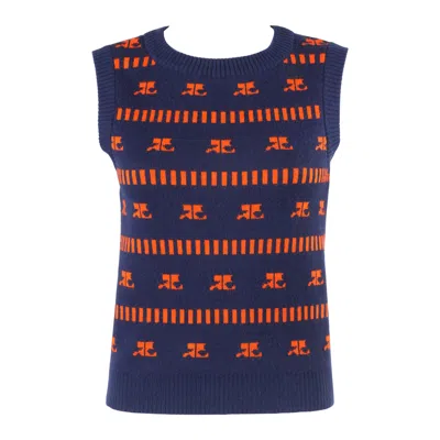 Pre-owned Courrèges Courreges C.1970s Navy & Orange Logo Signature Pattern Knit Sweater Vest