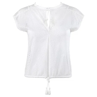 Pre-owned Courrèges Courreges C.1980's Extended Shoulder White Eyelet Embroided Drawstring Top
