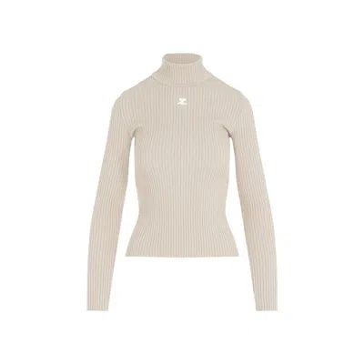 Courrèges Cappuccino Roll Neck Ribbed Jumper In Neutrals
