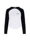 Courrèges Long-sleeved Contrast T-shirt With Rounded Hem And Logo Print In White
