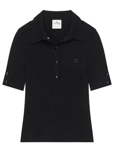 Courrèges Classic Polo Short Sleeve Ribbed Knit In Black