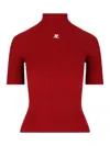 Courrèges Short Sleeve Ribbed Mock Neck Sweater In Red
