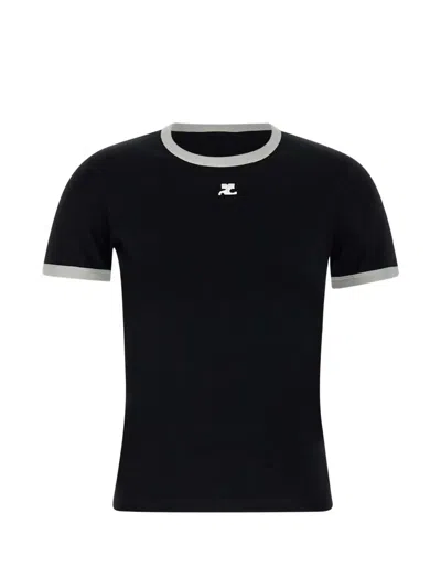 Courrèges Courreges Women Cotton T Shirt With Contrasting Profiles In Black