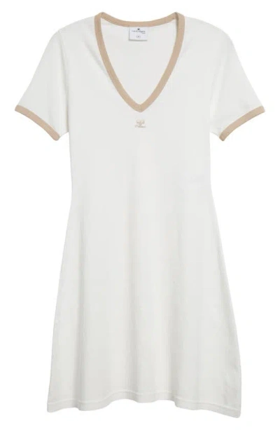 Courrèges Contrast Trim V-neck Cotton Jersey Minidress In White Heritage/ Sand