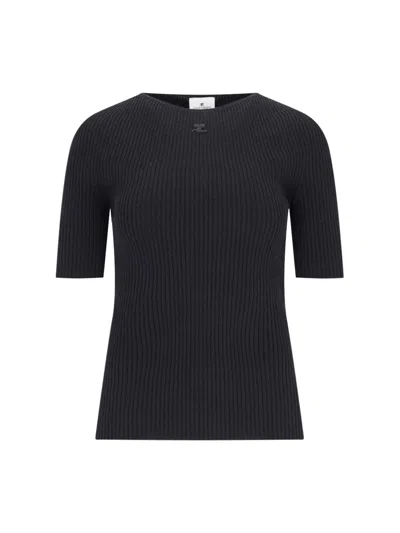 Courrèges Cotton & Merino Wool Crewneck Sweater In Black