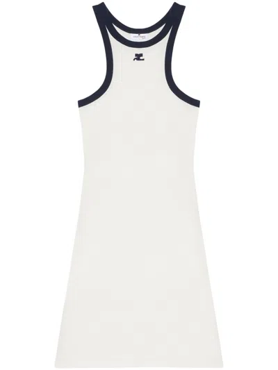 Courrèges White Cotton Mini Dress With Navy Blue Details And Halter Neck