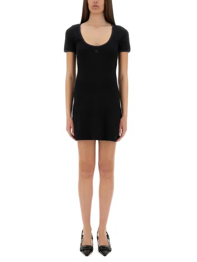 Courrèges Cotton Short Sleeves Mini Dress In Black