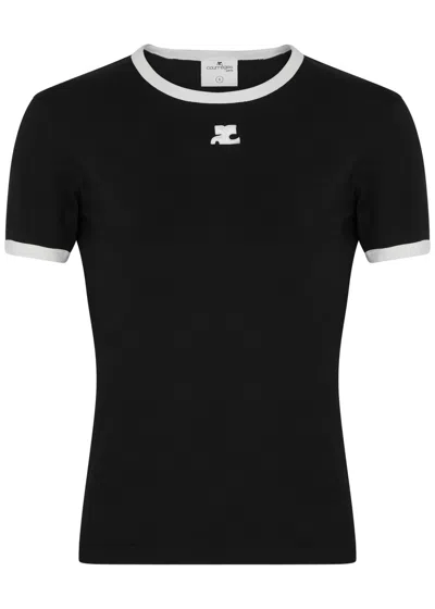 Courrèges Courreges Women Cotton T Shirt With Contrasting Profiles In Black