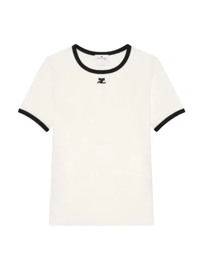 Courrèges Cotton T-shirt With Black Trim And Front Logo In White