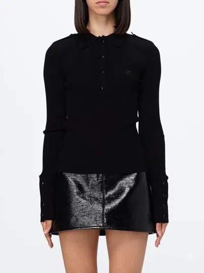 Courrèges Long-sleeved Viscose Knit Polo Shirt With Ribbed Collar In Black