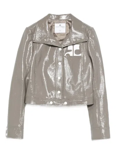 Courrèges Cropped Grey Jacket With Glossy Patent Finish And Bold Logo In Gray