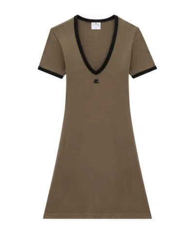 Courrèges Contrast V-neck Cotton Mini Dress In Green