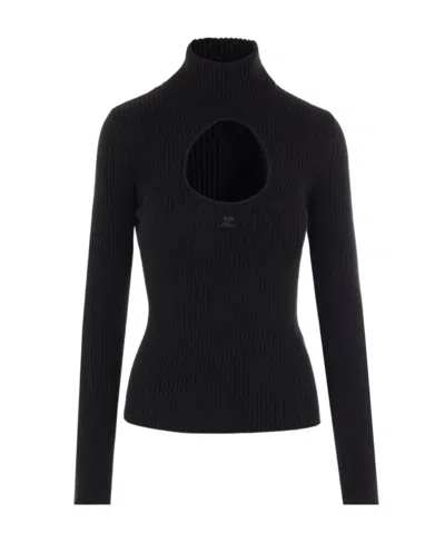 Courrèges Logo Intarsia High Neck Jumper In Black