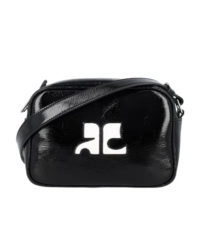 Courrèges Reedition Naplack Logo Patch Mini Shoulder Bag In Black