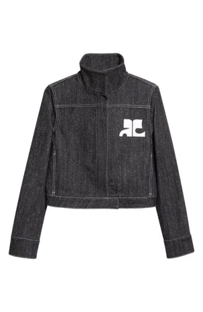 Courrèges Crop Cotton Blend Denim Tweed Jacket In Blue