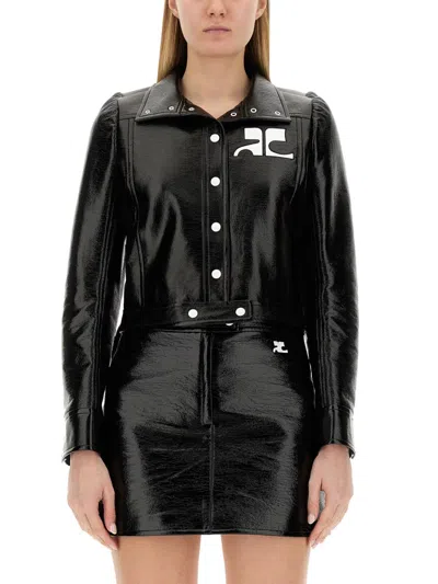 Courrèges Logo Patch Coated Stretch Cotton Crop Jacket In Black