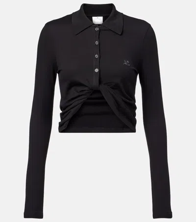 Courrèges Cropped Cotton Polo Shirt In Black