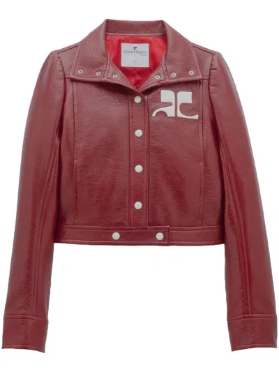 Courrèges Cropped Textured Jacket With Button-down Front In Burgundy