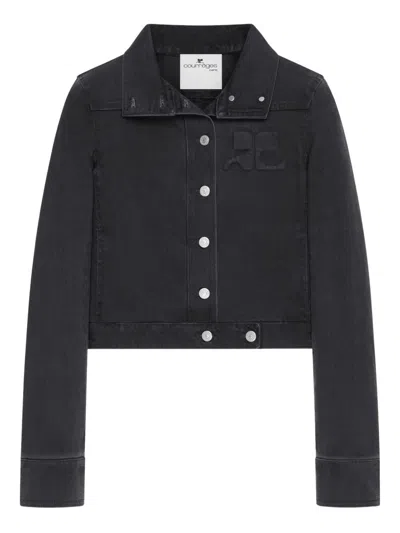 Courrèges Cropped Jacket With High Collar And Metallic Buttons In Black