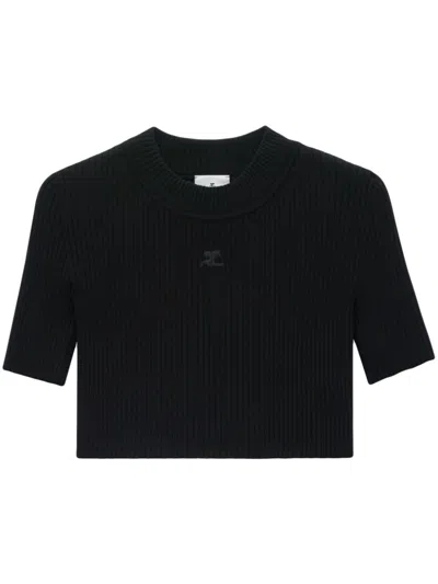 Courrèges Mockneck Rib Knit Cropped Top Women Black In Viscose In 黑色