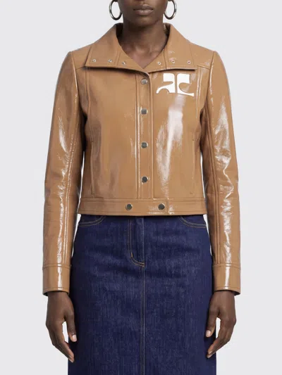 Courrèges Cropped Slim Fit College-style Leather-effect Jacket With Contrast Logo In Brown
