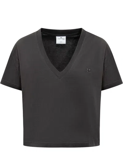 Courrèges Cropped T-shirt V-neck In Black