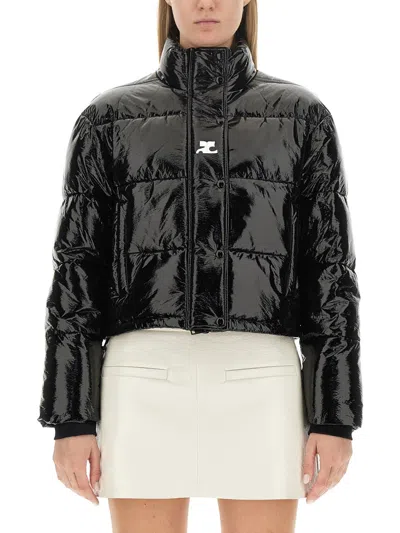 Courrèges Cropped Vinyl Down Jacket In Black