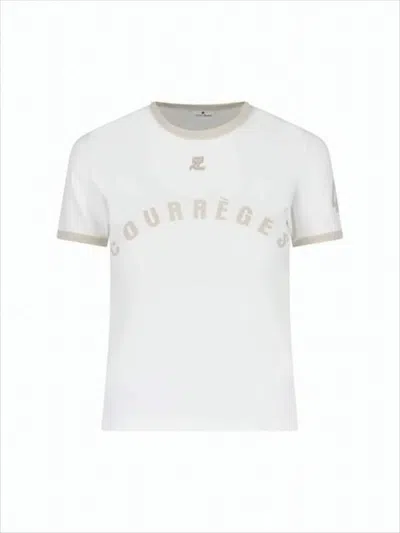 Courrèges Cropped White T-shirt With Beige Logo And Trim