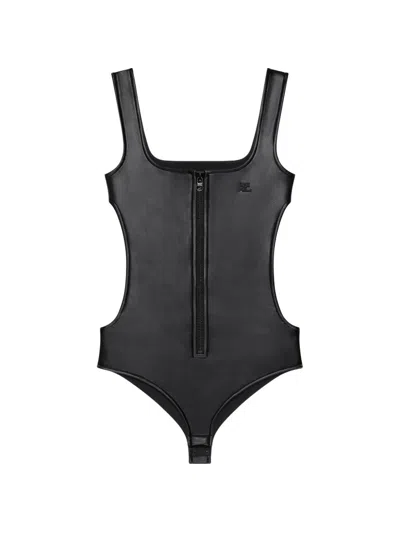 Courrèges Leather Effect Cut-out Bodysuit In Black