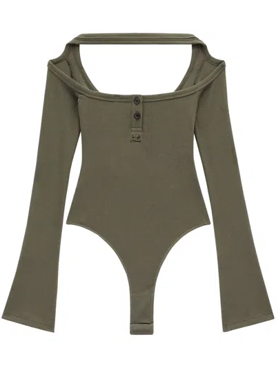 Courrèges Cut-out Ribbed Bodysuit In Green