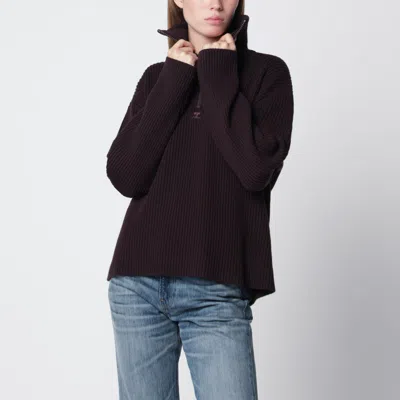 Courrèges Dark Burgundy Ribbed Zip Sweater In Black