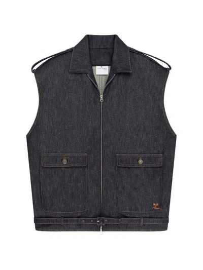 Courrèges Courreges Denim Sleeveless Bomber Vest In Dark Blue