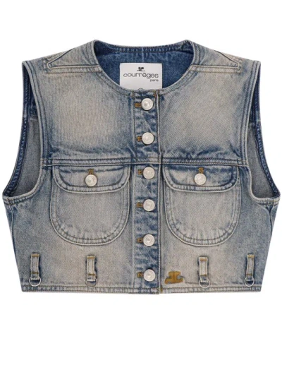 Courrèges Denim Vest With Embroidered Logo On The Bottom In Blue