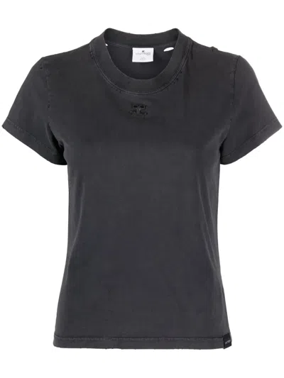 Courrèges Distressed Logo-embroidered Cotton T-shirt In Grey