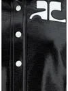 Courrèges Glossy Black Coat With High Collar And Logo Detailing In Green