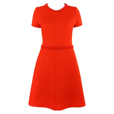 Pre-owned Courrèges Courreges Early C.1960's Orange Wool Embroidered Trim Short Sleeve A-line Dress
