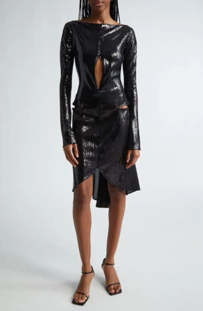 Courrèges Ellipse Asymmetric Sequin Long Sleeve Cutout Handkerchief Hem Dress In Black