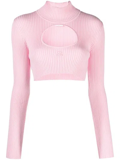 Courrèges Pink Circle Mockneck Ribbed Crop Top In White